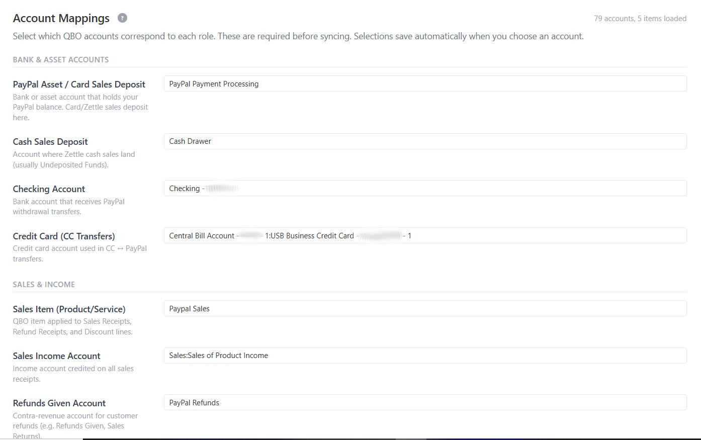 Account mappings configuration showing role to QBO account assignments