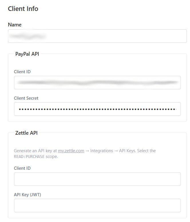 Client management page showing client details and settings