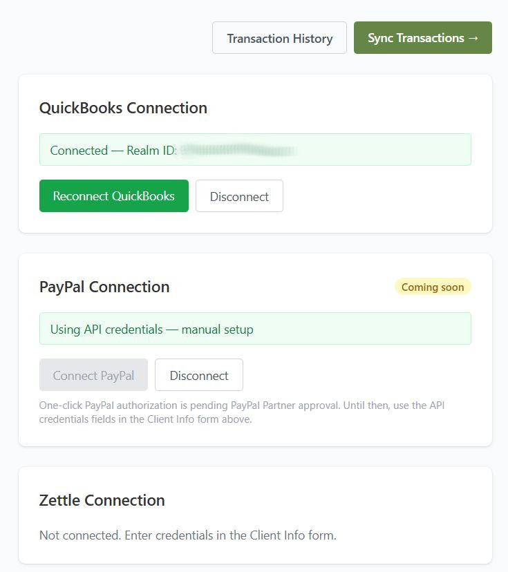 Account connections page for PayPal and QuickBooks OAuth