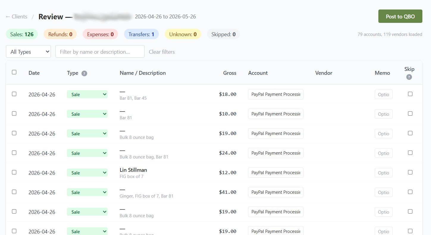 Transaction review page showing classified transactions before posting
