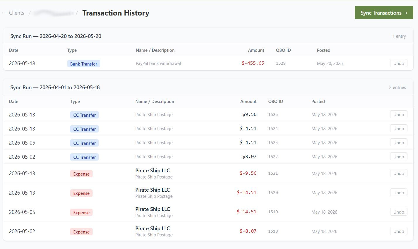 Transaction history showing past sync runs grouped by date